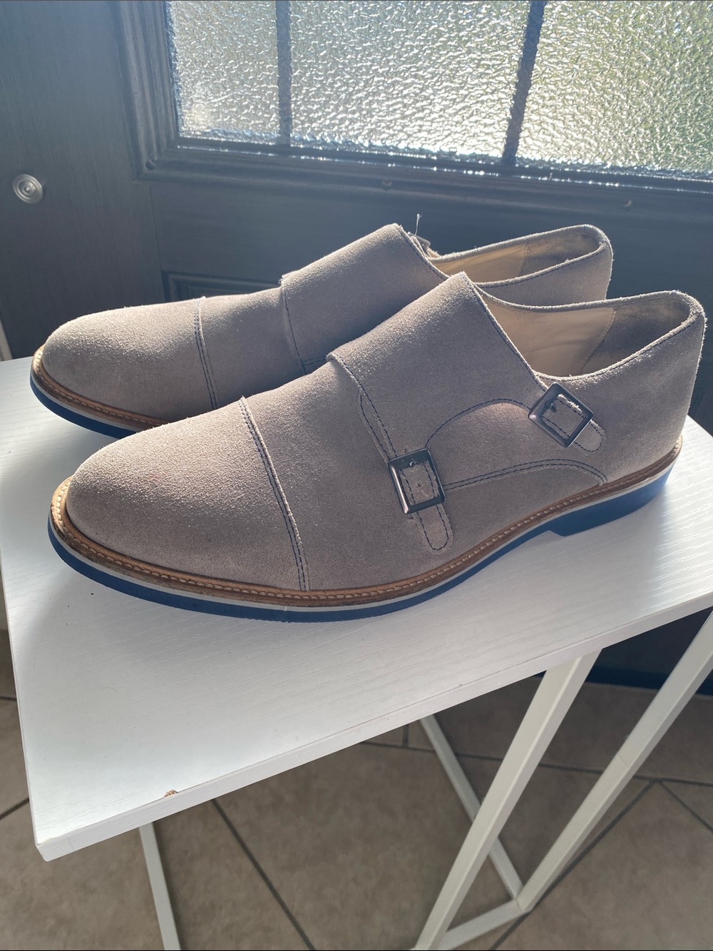 1901 Men's Double Monk Strap Suede Dress Shoes in Taupe size 12